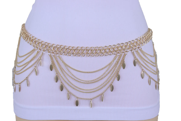 Brand New Women Wide Gold Metal Chain Links Side Waves Sexy Belt Leaf Charms Size M L XL