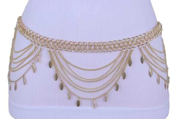 Brand New Women Wide Gold Metal Chain Links Side Waves Sexy Belt Leaf Charms Size M L XL