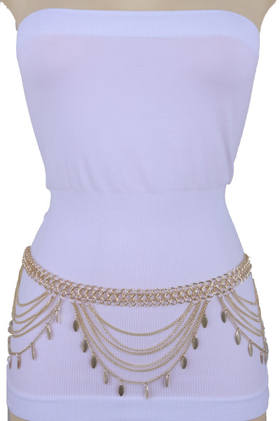 Brand New Women Wide Gold Metal Chain Links Side Waves Sexy Belt Leaf Charms Size M L XL
