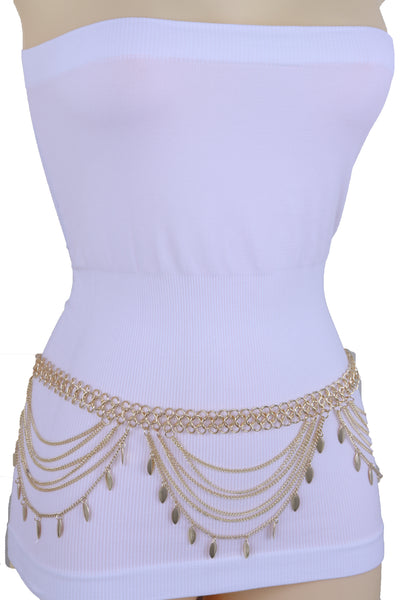 Brand New Women Wide Gold Metal Chain Links Side Waves Sexy Belt Leaf Charms Size M L XL