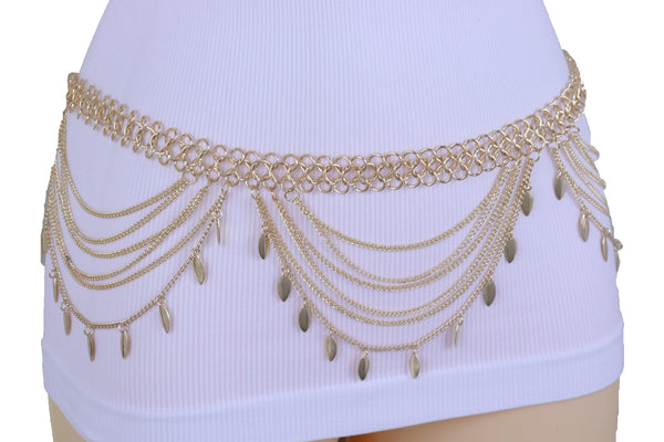 Brand New Women Wide Gold Metal Chain Links Side Waves Sexy Belt Leaf Charms Size M L XL