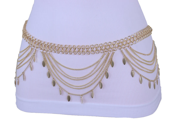 Brand New Women Wide Gold Metal Chain Links Side Waves Sexy Belt Leaf Charms Size M L XL