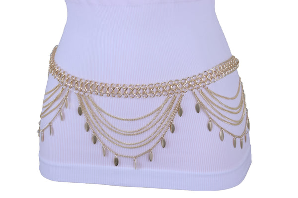Women Wide Gold Metal Chain Links Side Waves Sexy Belt Leaf Charms Exclusive Collection Size M L XL