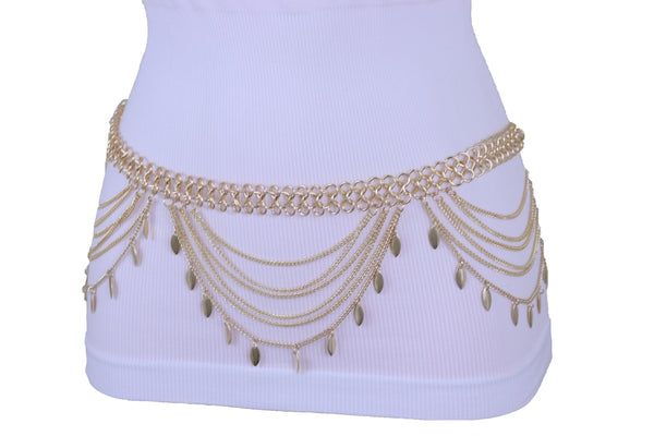 Brand New Women Wide Gold Metal Chain Links Side Waves Sexy Belt Leaf Charms Size M L XL