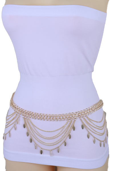 Brand New Women Wide Gold Metal Chain Links Side Waves Sexy Belt Leaf Charms Size M L XL