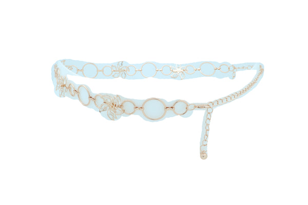 Women Gold Color Metal Chain Skinny Fancy Waistband Bling Flower Charm Belt Fits Size S M L