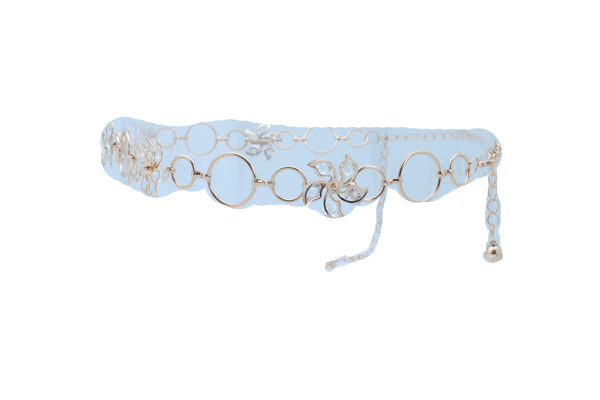 Women Gold Color Metal Chain Skinny Fancy Waistband Bling Flower Charm Belt Fits Size S M L