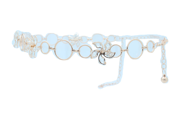 Women Gold Color Metal Chain Skinny Fancy Waistband Bling Flower Charm Belt Fits Size S M L