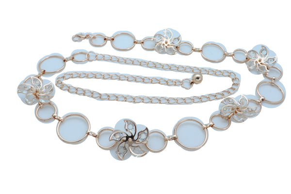Women Gold Color Metal Chain Skinny Fancy Waistband Bling Flower Charm Belt Fits Size S M L