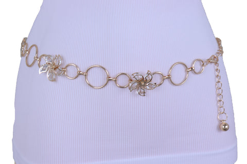 Brand New Women Gold Metal Chain Skinny Fancy Waistband Bling Flower Charm Belt Size S M L