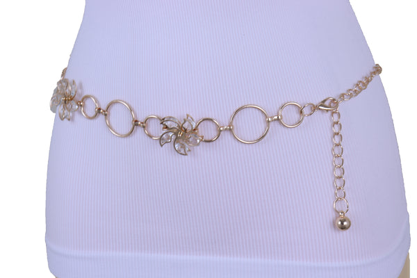 Women Gold Color Metal Chain Skinny Fancy Waistband Bling Flower Charm Belt Fits Size S M L