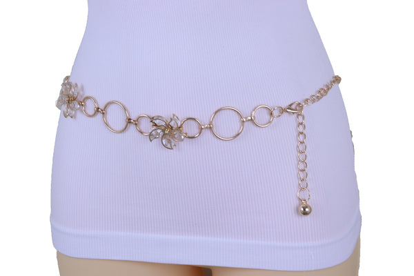 Women Gold Color Metal Chain Skinny Fancy Waistband Bling Flower Charm Belt Fits Size S M L