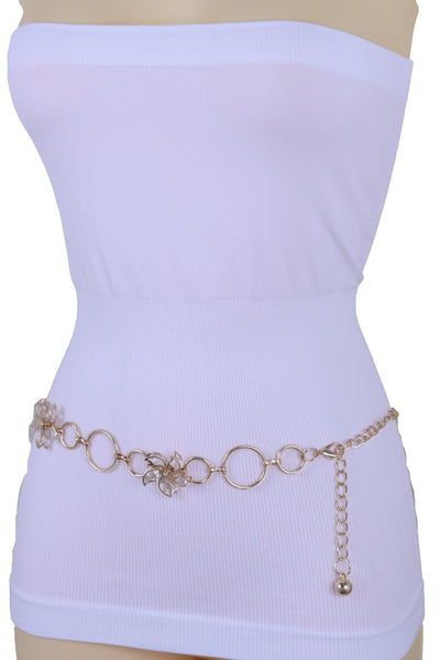 Women Gold Color Metal Chain Skinny Fancy Waistband Bling Flower Charm Belt Fits Size S M L
