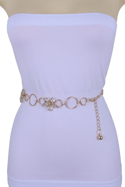 Women Gold Color Metal Chain Skinny Fancy Waistband Bling Flower Charm Belt Fits Size S M L