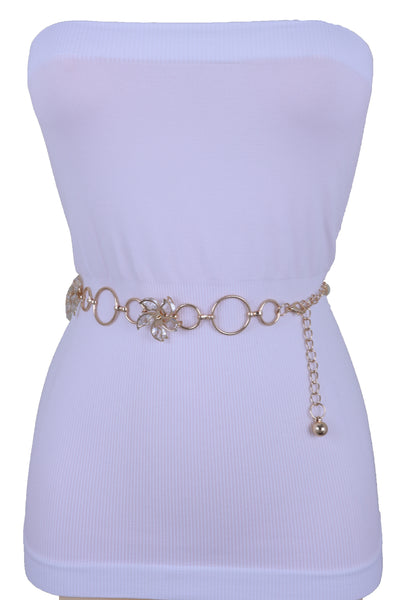 Women Gold Color Metal Chain Skinny Fancy Waistband Bling Flower Charm Belt Fits Size S M L