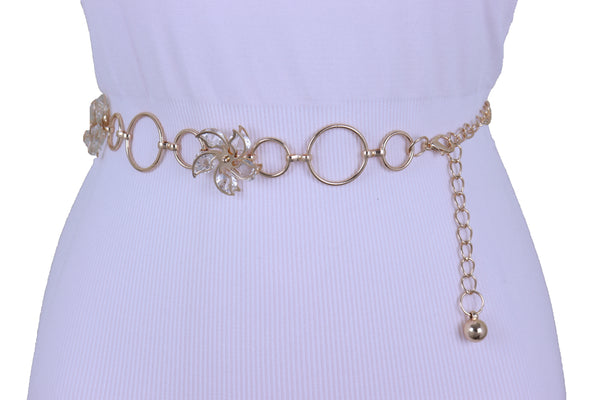 Women Gold Color Metal Chain Skinny Fancy Waistband Bling Flower Charm Belt Fits Size S M L