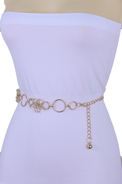 Women Gold Color Metal Chain Skinny Fancy Waistband Bling Flower Charm Belt Fits Size S M L