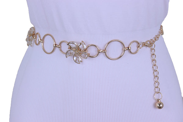 Women Gold Color Metal Chain Skinny Fancy Waistband Bling Flower Charm Belt Fits Size S M L