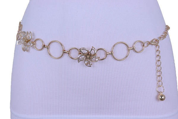 Women Gold Color Metal Chain Skinny Fancy Waistband Bling Flower Charm Belt Fits Size S M L