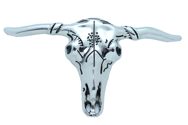 New Men Western Fashion Silver Metal Belt Buckle Long Horn Texas Cow Bull Skull
