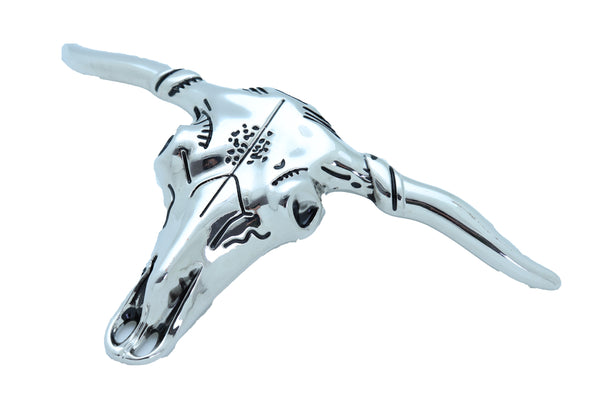 New Men Western Fashion Silver Metal Belt Buckle Long Horn Texas Cow Bull Skull