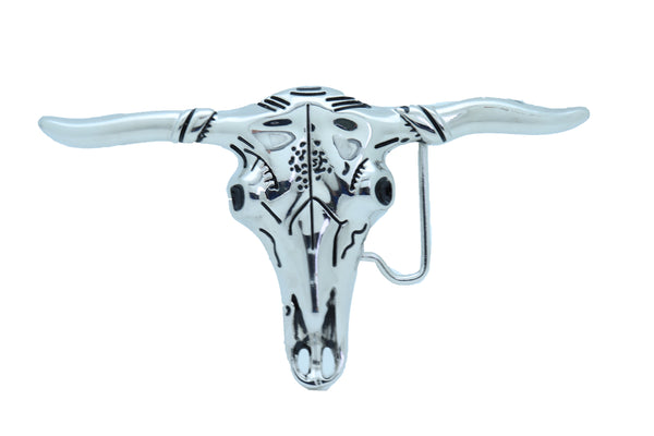 New Men Western Fashion Silver Metal Belt Buckle Long Horn Texas Cow Bull Skull