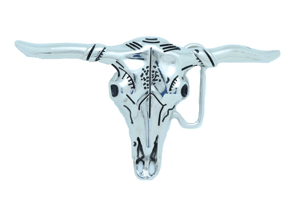 New Men Western Fashion Silver Metal Belt Buckle Long Horn Texas Cow Bull Skull
