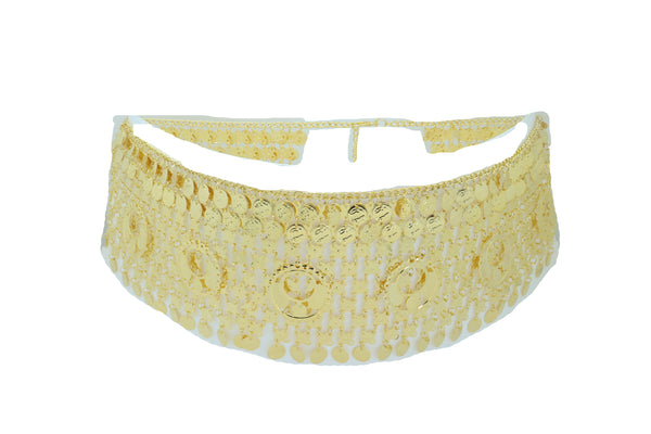 Women Gold Metal Chain Wide Waistband Ethnic Belly Dance Coin Charms Belt Adjustable Band Size M L XL