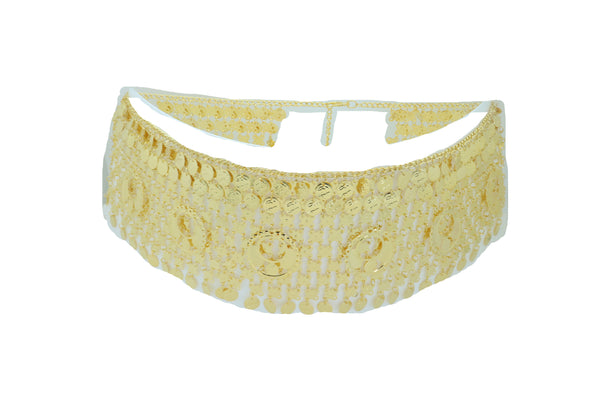 Women Gold Metal Chain Wide Waistband Ethnic Belly Dance Coin Charms Belt Adjustable Band Size M L XL
