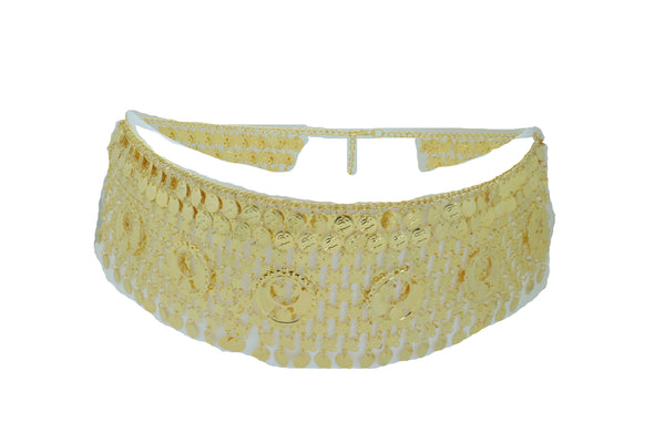 Women Gold Metal Chain Wide Waistband Ethnic Belly Dance Coin Charms Belt Adjustable Band Size M L XL
