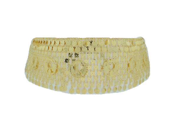 Women Gold Metal Chain Wide Waistband Ethnic Belly Dance Coin Charms Belt Adjustable Band Size M L XL