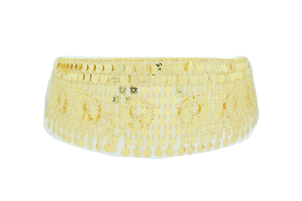 Women Gold Metal Chain Wide Waistband Ethnic Belly Dance Coin Charms Belt Adjustable Band Size M L XL