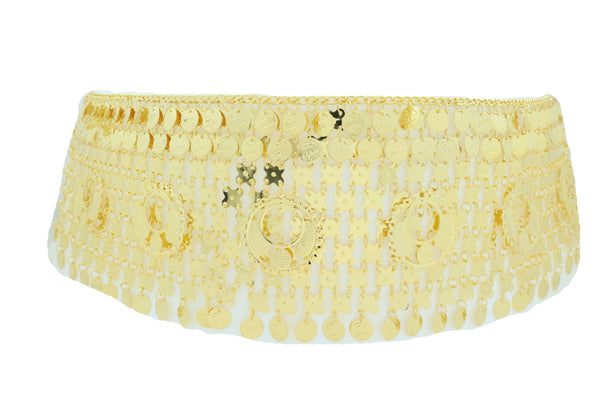 Women Gold Metal Chain Wide Waistband Ethnic Belly Dance Coin Charms Belt Adjustable Band Size M L XL