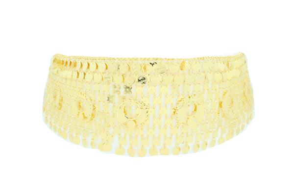 Women Gold Metal Chain Wide Waistband Ethnic Belly Dance Coin Charms Belt Adjustable Band Size M L XL