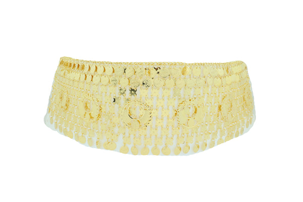 Women Gold Metal Chain Wide Waistband Ethnic Belly Dance Coin Charms Belt Adjustable Band Size M L XL