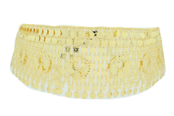 Women Gold Metal Chain Wide Waistband Ethnic Belly Dance Coin Charms Belt Adjustable Band Size M L XL