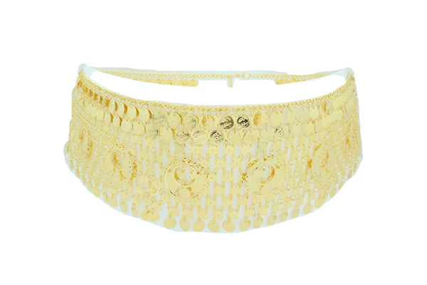 Women Gold Metal Chain Wide Waistband Ethnic Belly Dance Coin Charms Belt Adjustable Band Size M L XL