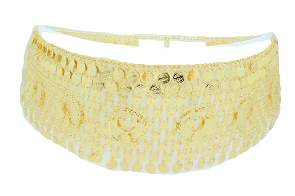 Women Gold Metal Chain Wide Waistband Ethnic Belly Dance Coin Charms Belt Adjustable Band Size M L XL