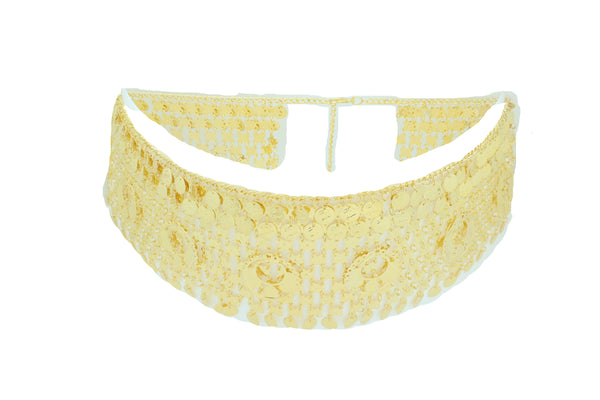 Women Gold Metal Chain Wide Waistband Ethnic Belly Dance Coin Charms Belt Adjustable Band Size M L XL