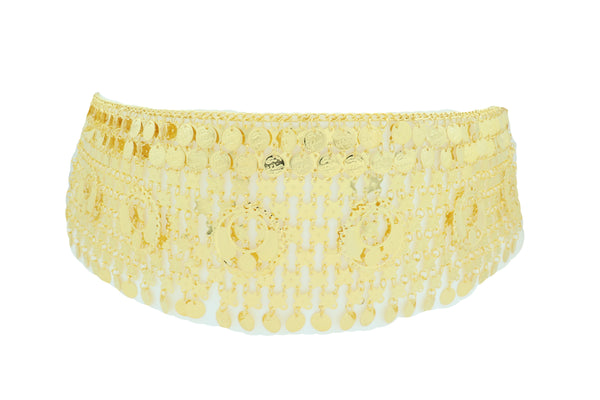 Women Gold Metal Chain Wide Waistband Ethnic Belly Dance Coin Charms Belt Adjustable Band Size M L XL
