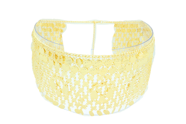 Women Gold Metal Chain Wide Waistband Ethnic Belly Dance Coin Charms Belt Adjustable Band Size M L XL