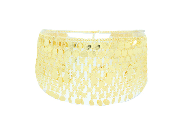 Women Gold Metal Chain Wide Waistband Ethnic Belly Dance Coin Charms Belt Adjustable Band Size M L XL