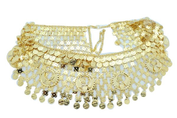 Women Gold Metal Chain Wide Waistband Ethnic Belly Dance Coin Charms Belt Adjustable Band Size M L XL