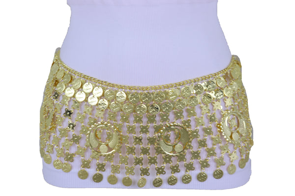 Women Gold Metal Chain Wide Waistband Ethnic Belly Dance Coin Charms Belt Adjustable Band Size M L XL