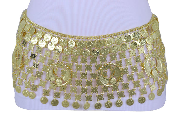 Women Gold Metal Chain Wide Waistband Ethnic Belly Dance Coin Charms Belt Adjustable Band Size M L XL