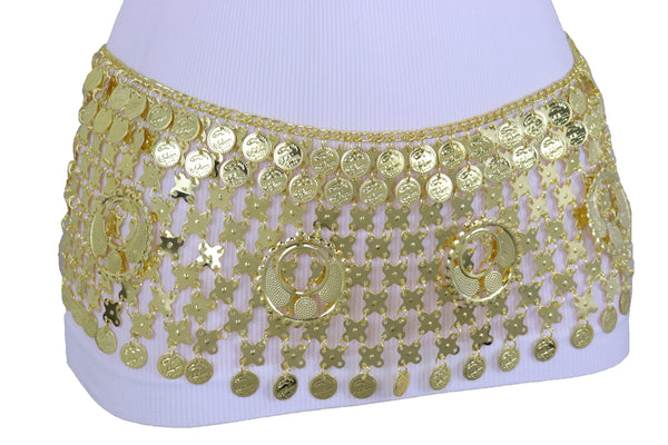 Women Gold Metal Chain Wide Waistband Ethnic Belly Dance Coin Charms Belt Adjustable Band Size M L XL