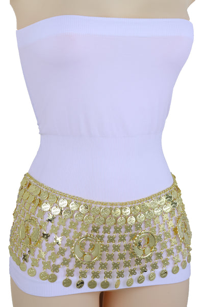 Women Gold Metal Chain Wide Waistband Ethnic Belly Dance Coin Charms Belt Adjustable Band Size M L XL