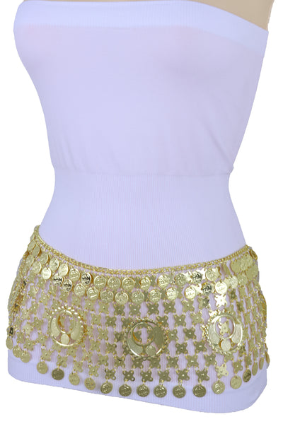 Women Gold Metal Chain Wide Waistband Ethnic Belly Dance Coin Charms Belt Adjustable Band Size M L XL