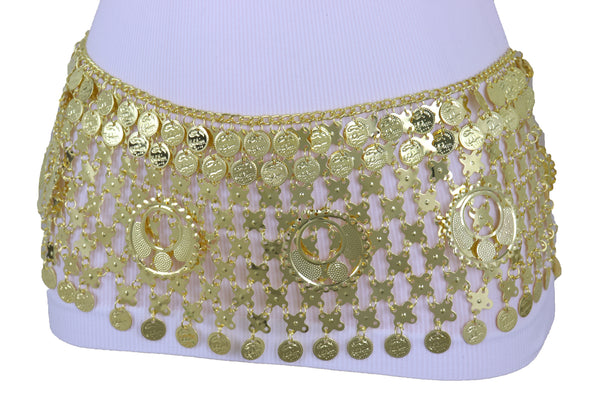 Women Gold Metal Chain Wide Waistband Ethnic Belly Dance Coin Charms Belt Adjustable Band Size M L XL