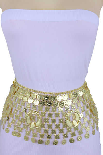 Women Gold Metal Chain Wide Waistband Ethnic Belly Dance Coin Charms Belt Adjustable Band Size M L XL